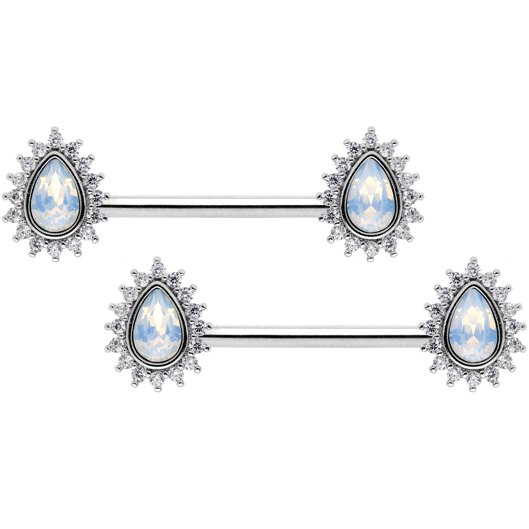 14 Gauge Clear CZ Gem White Faux Opal Tear Barbell Nipple Ring Set