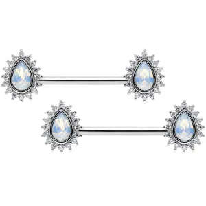 14 Gauge Clear CZ Gem White Faux Opal Tear Barbell Nipple Ring Set