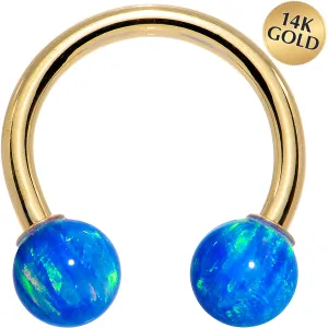 14 Gauge Solid 14KT Yellow Gold Blue Synthetic Opal Horseshoe Barbell