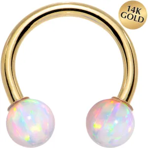 14 Gauge Solid 14KT Yellow Gold White Synthetic Opal Horseshoe Barbell