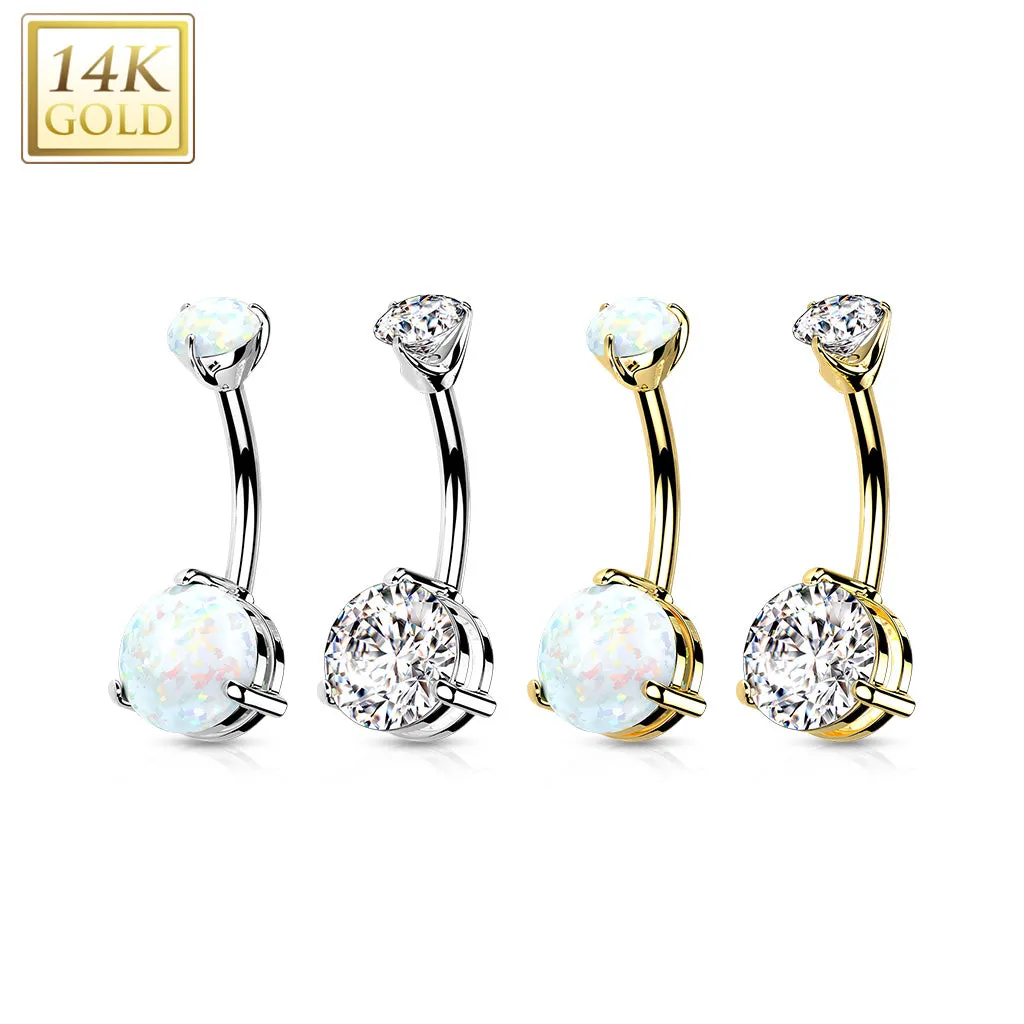14K Solid Gold CZ Or Opal Stone Belly Button Navel Rings