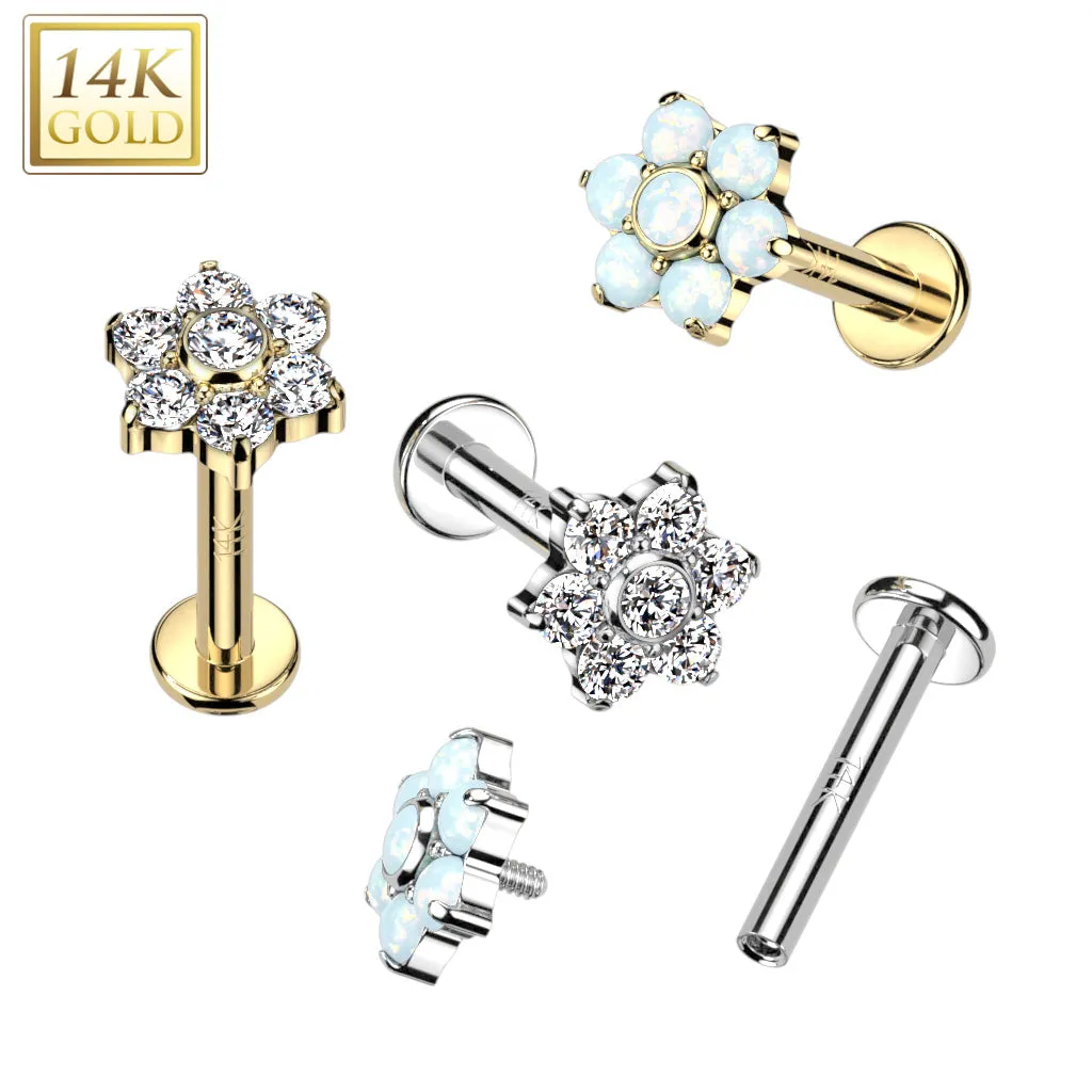 14K Solid Gold Internally Threaded Labret Stud CZ Opal Flower Top Tragus