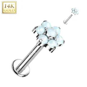 14K Solid Gold Internally Threaded Labret Stud CZ Opal Flower Top Tragus