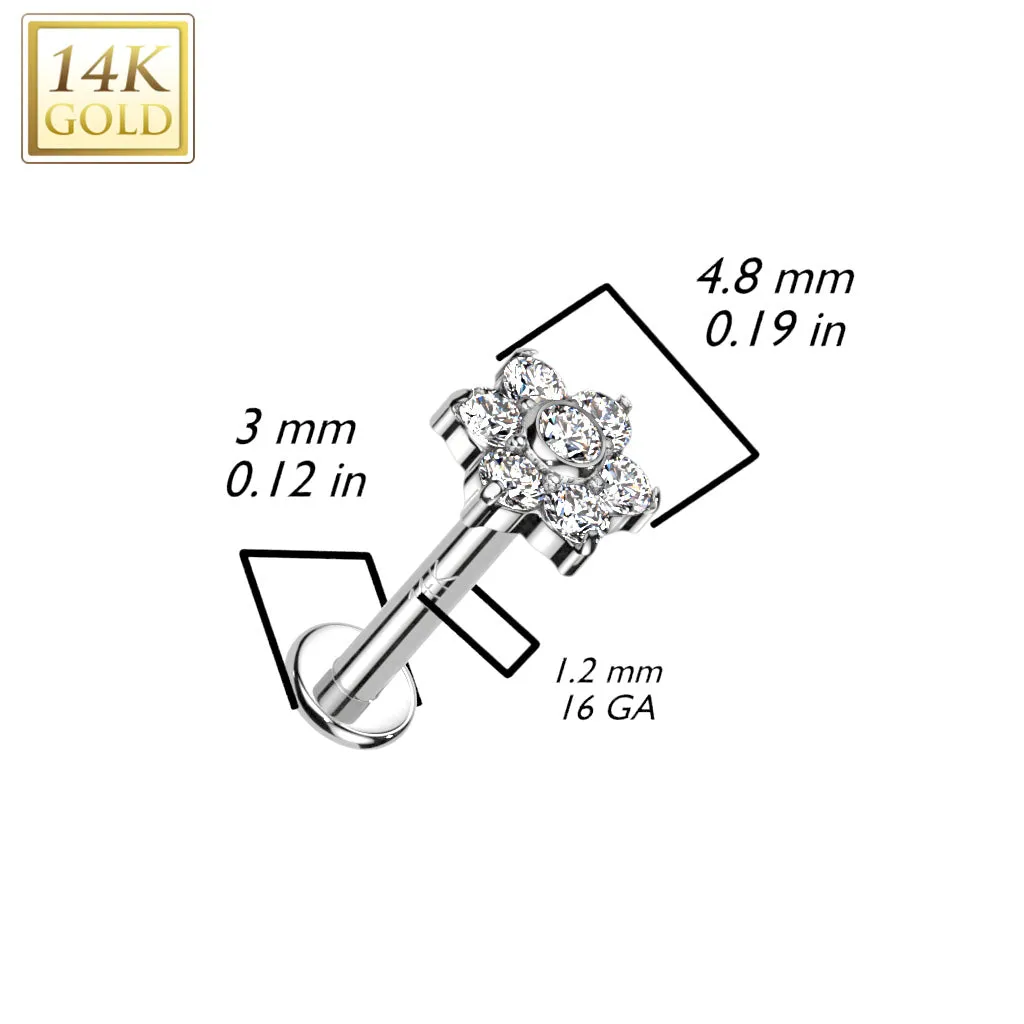 14K Solid Gold Internally Threaded Labret Stud CZ Opal Flower Top Tragus
