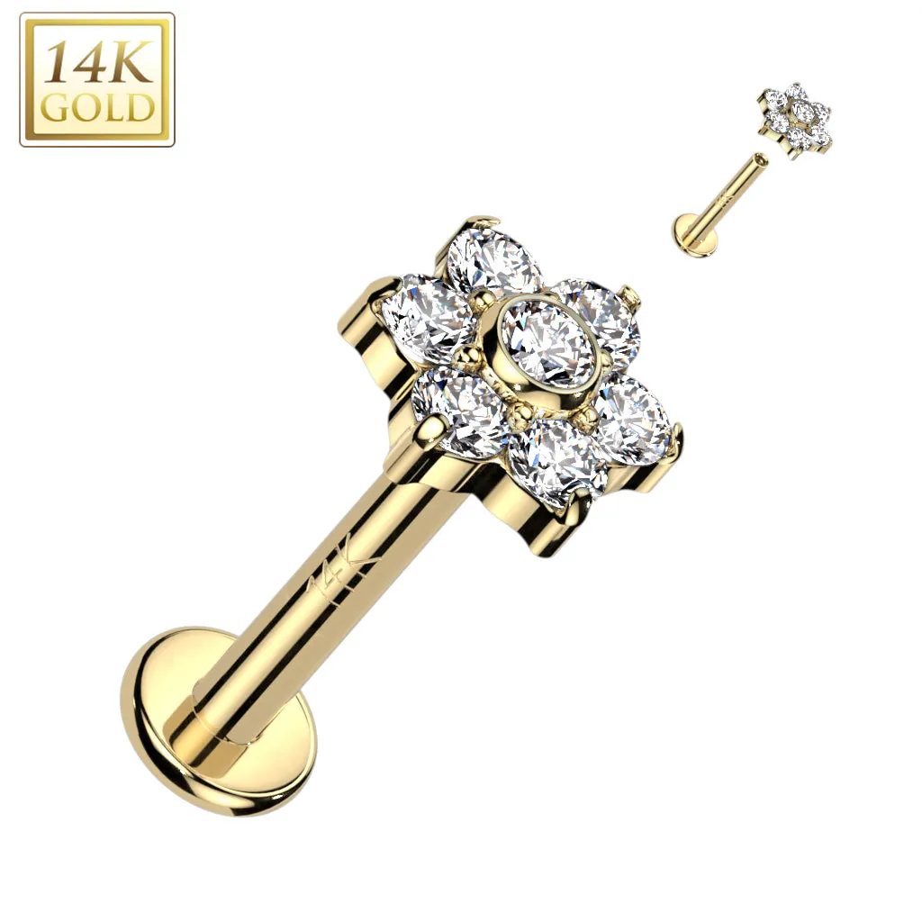 14K Solid Gold Internally Threaded Labret Stud CZ Opal Flower Top Tragus