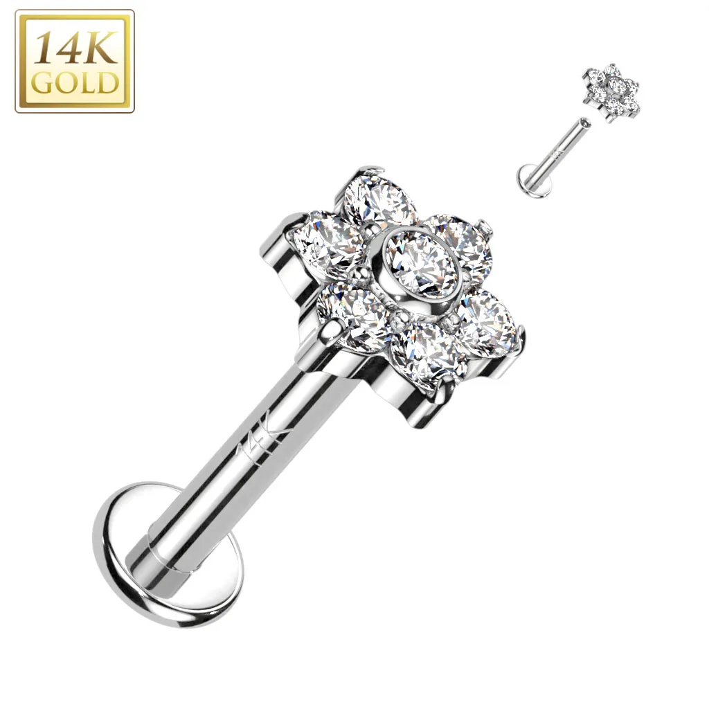 14K Solid Gold Internally Threaded Labret Stud CZ Opal Flower Top Tragus