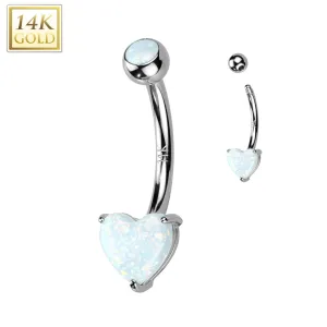 14K Solid Gold Opal Heart Belly Button Navel Ring