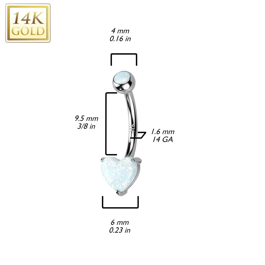 14K Solid Gold Opal Heart Belly Button Navel Ring