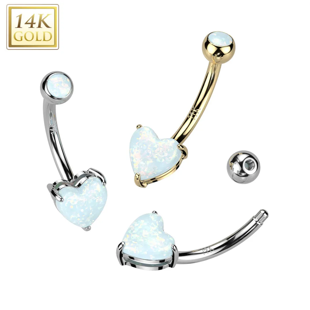 14K Solid Gold Opal Heart Belly Button Navel Ring