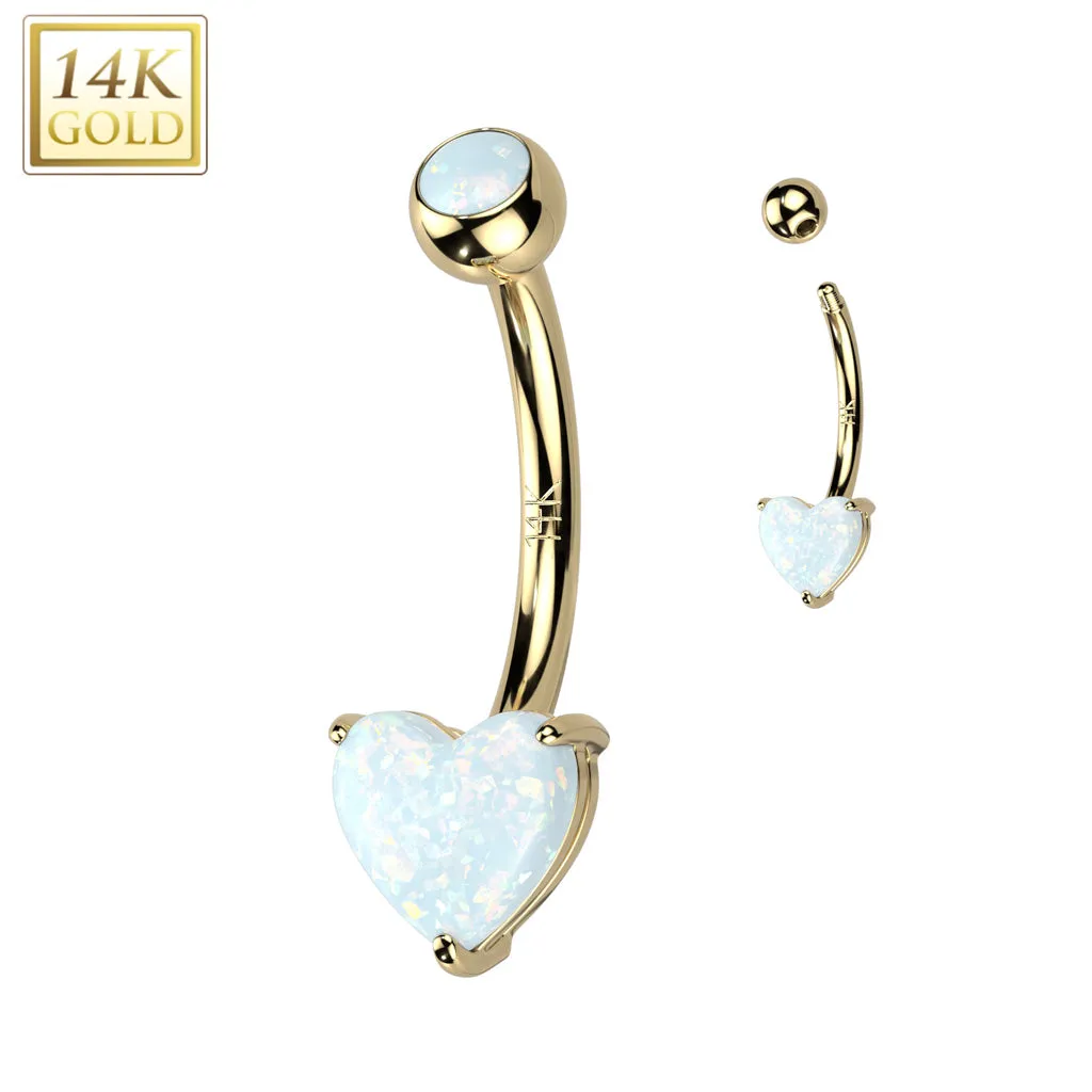 14K Solid Gold Opal Heart Belly Button Navel Ring