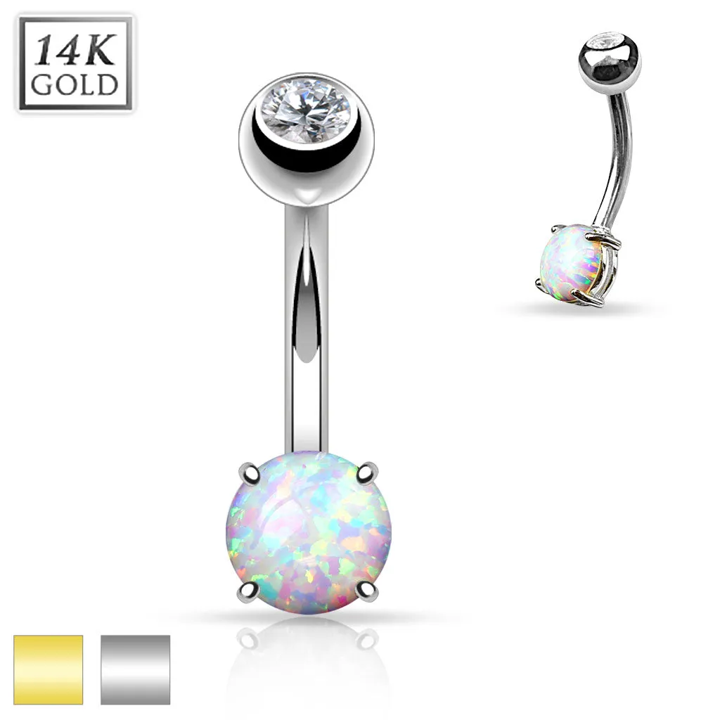 14K Solid Gold Prong Set 6 mm Opal Stone Belly Button Navel Rings