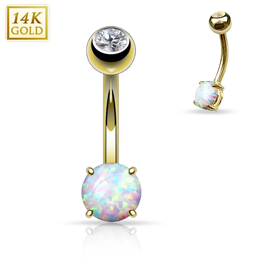 14K Solid Gold Prong Set 6 mm Opal Stone Belly Button Navel Rings