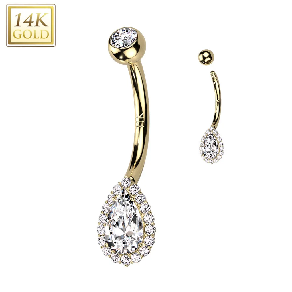 14K Solid Gold Tear Drop Opal or CZ Pave Belly Button Navel Ring