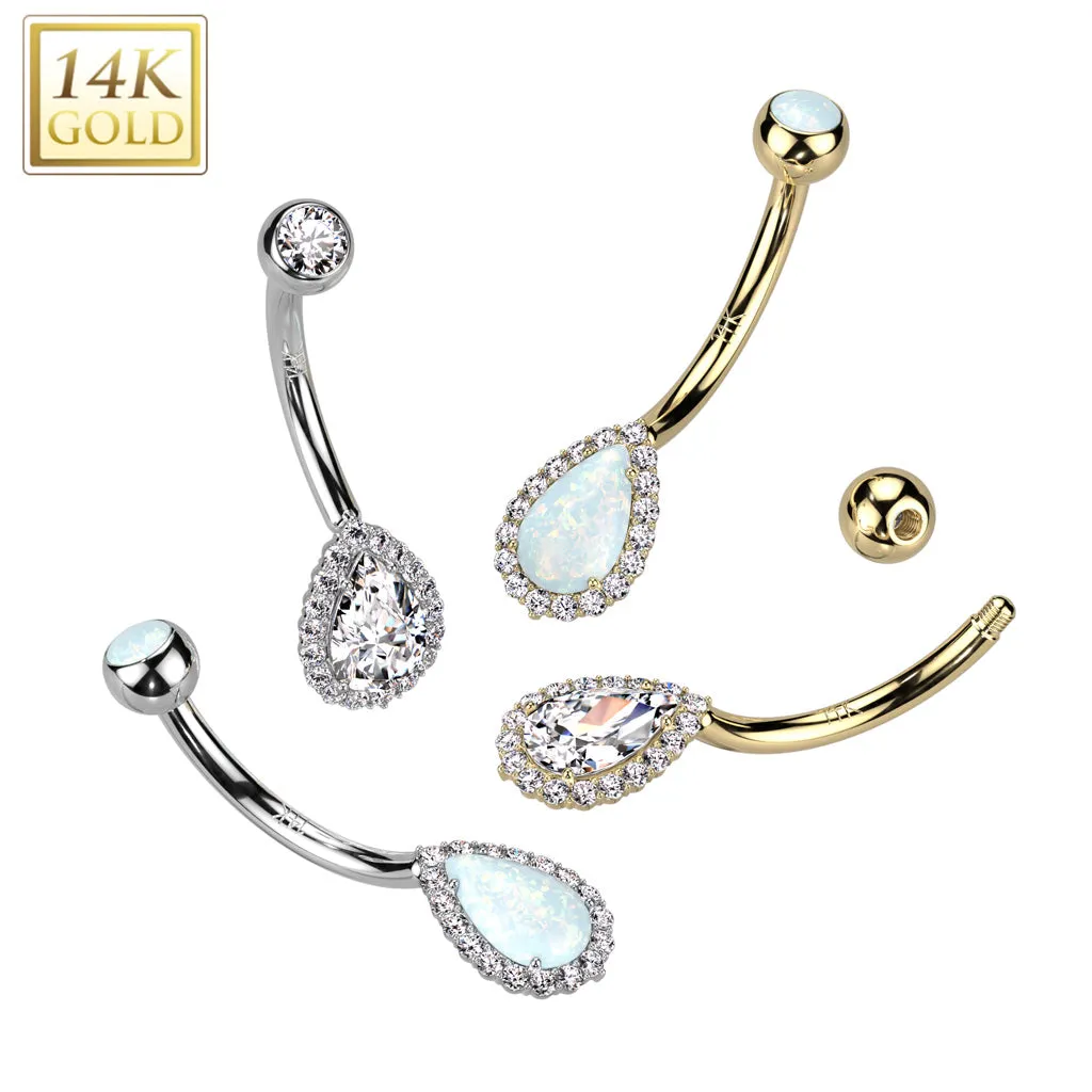 14K Solid Gold Tear Drop Opal or CZ Pave Belly Button Navel Ring