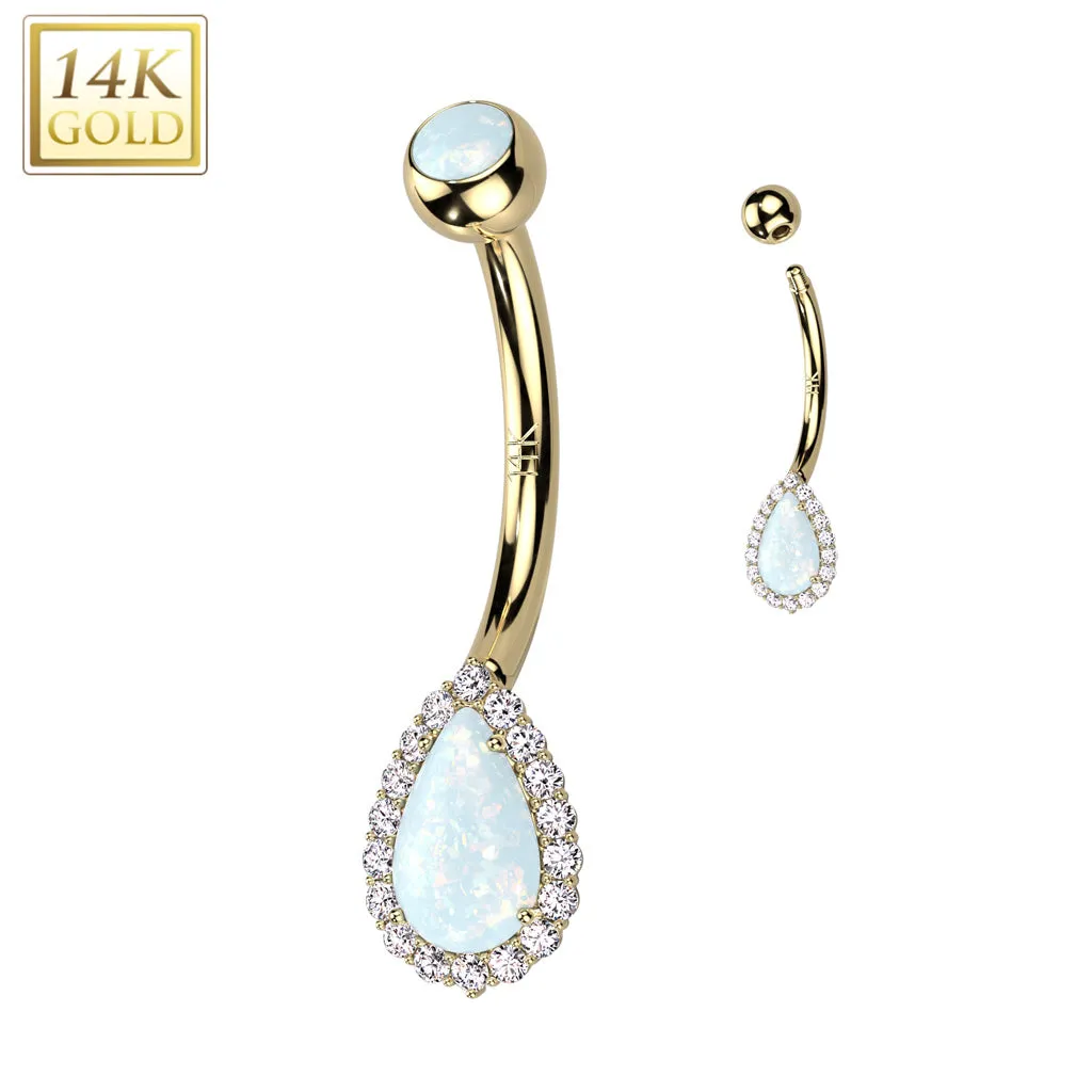14K Solid Gold Tear Drop Opal or CZ Pave Belly Button Navel Ring