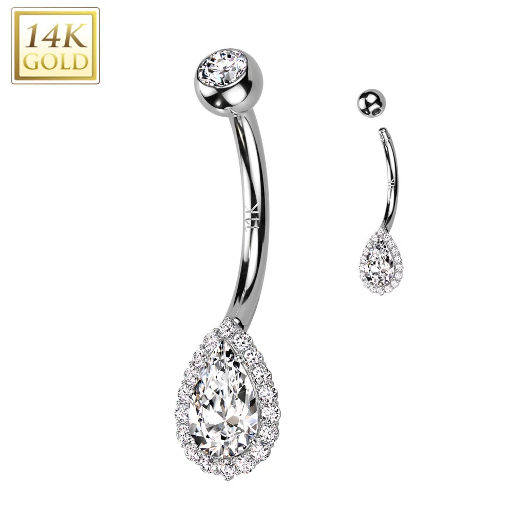 14K Solid Gold Tear Drop Opal or CZ Pave Belly Button Navel Ring