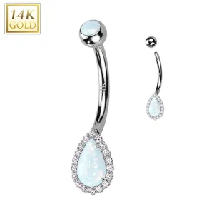 14K Solid Gold Tear Drop Opal or CZ Pave Belly Button Navel Ring