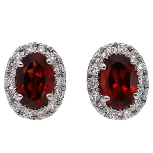 14K White Gold Oval Garnet with Diamond Halo Stud Earrings