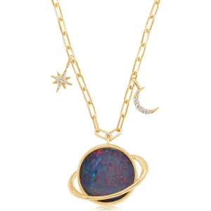 14K Yellow Gold Australian Opal Doublet/Diamond Saturn Neckpiece