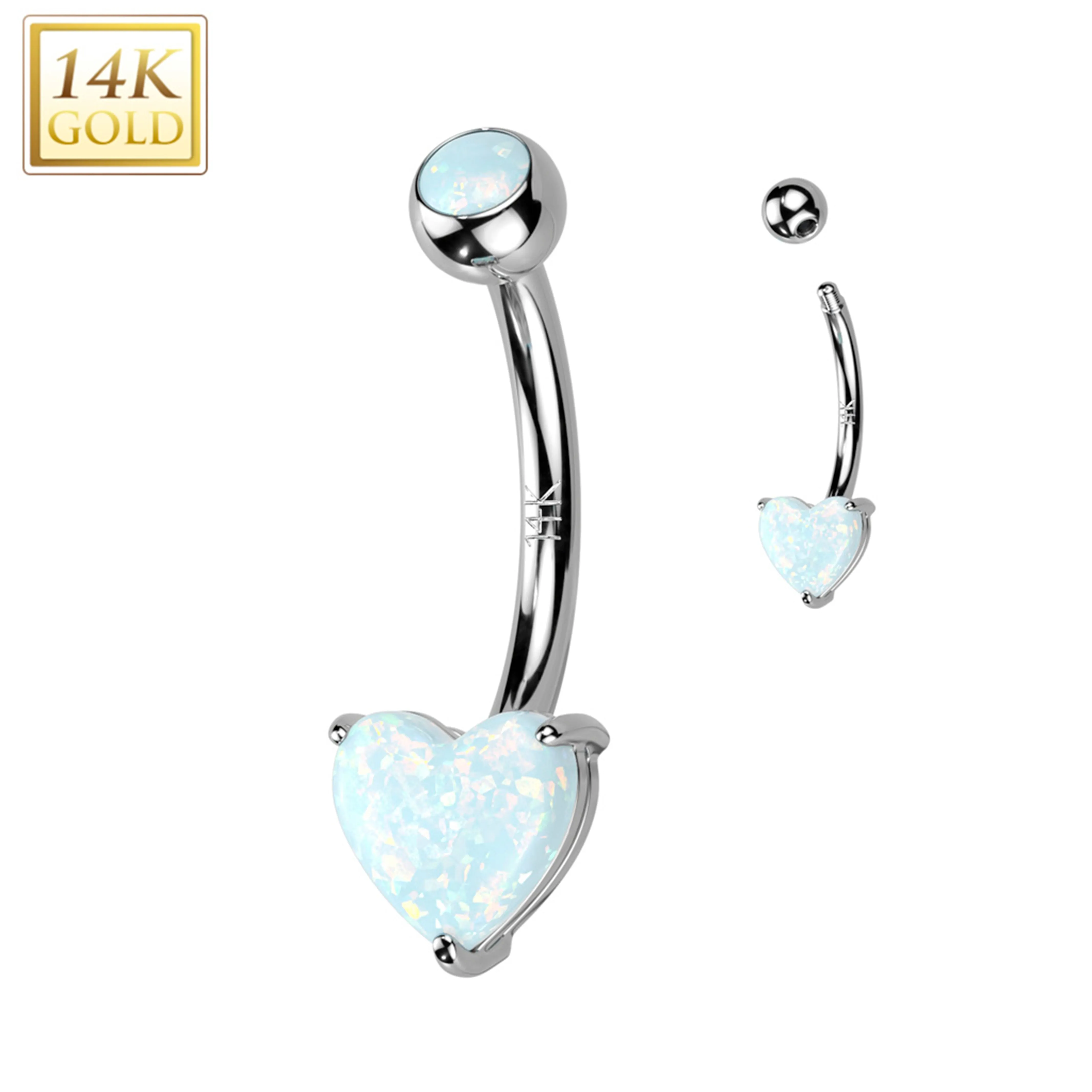 14kt Solid White Gold 6mm Synthetic Opal Heart Belly Ring