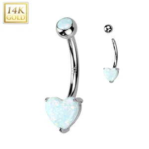 14kt Solid White Gold 6mm Synthetic Opal Heart Belly Ring