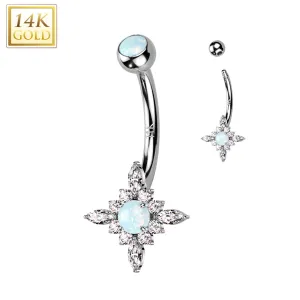 14kt Solid White Gold CZ Synthetic Opal Star Burst Belly Ring