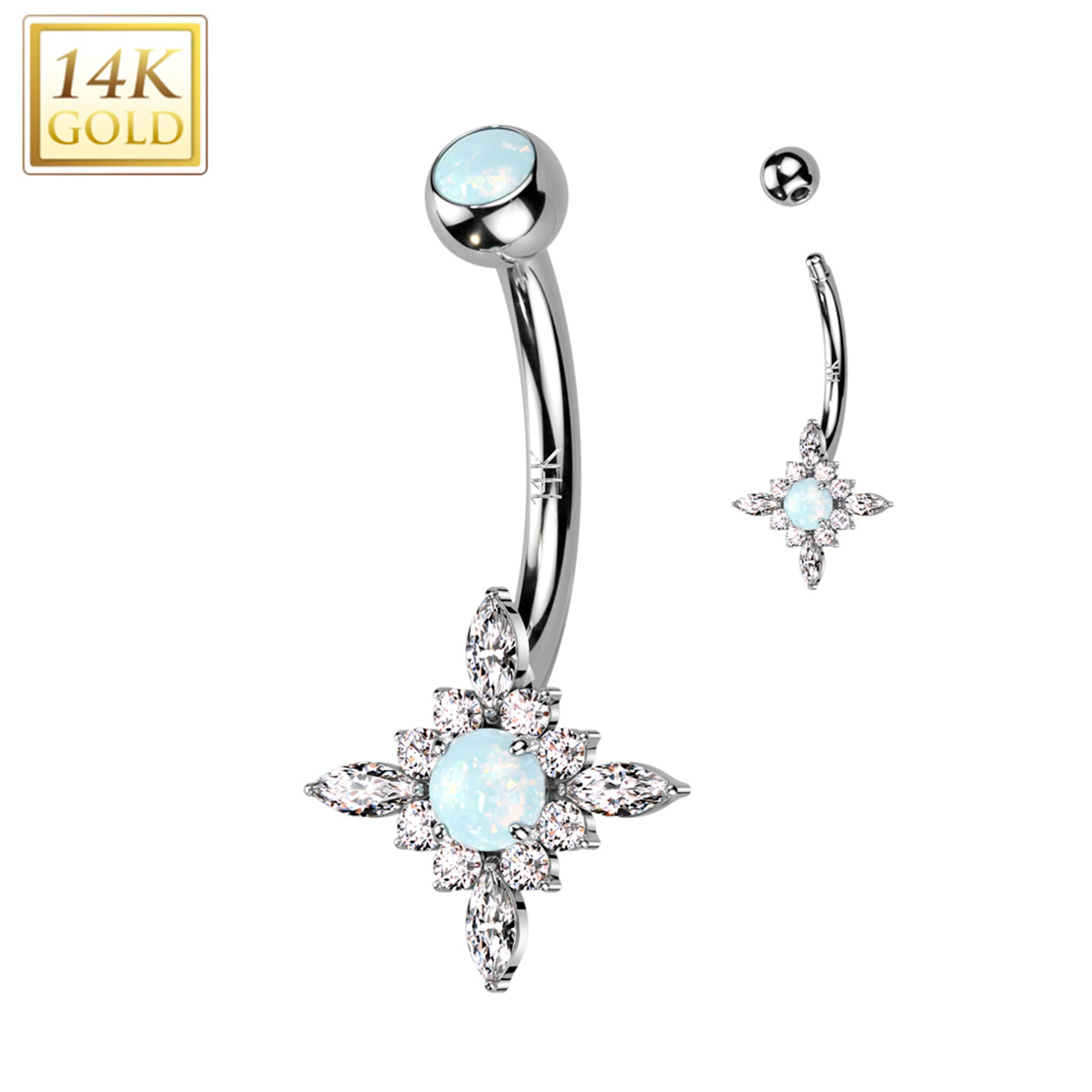 14kt Solid White Gold CZ Synthetic Opal Star Burst Belly Ring