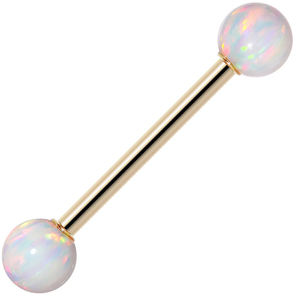 14kt Yellow Gold 5mm White Synthetic Opal Barbell Tongue Ring 14 Gauge 5/8