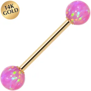 14kt Yellow Gold 6mm Pink Synthetic Opal Barbell Tongue Ring 14 Gauge 5/8