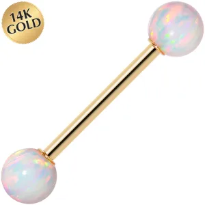 14kt Yellow Gold 6mm White Synthetic Opal Barbell Tongue Ring 14 Gauge 5/8