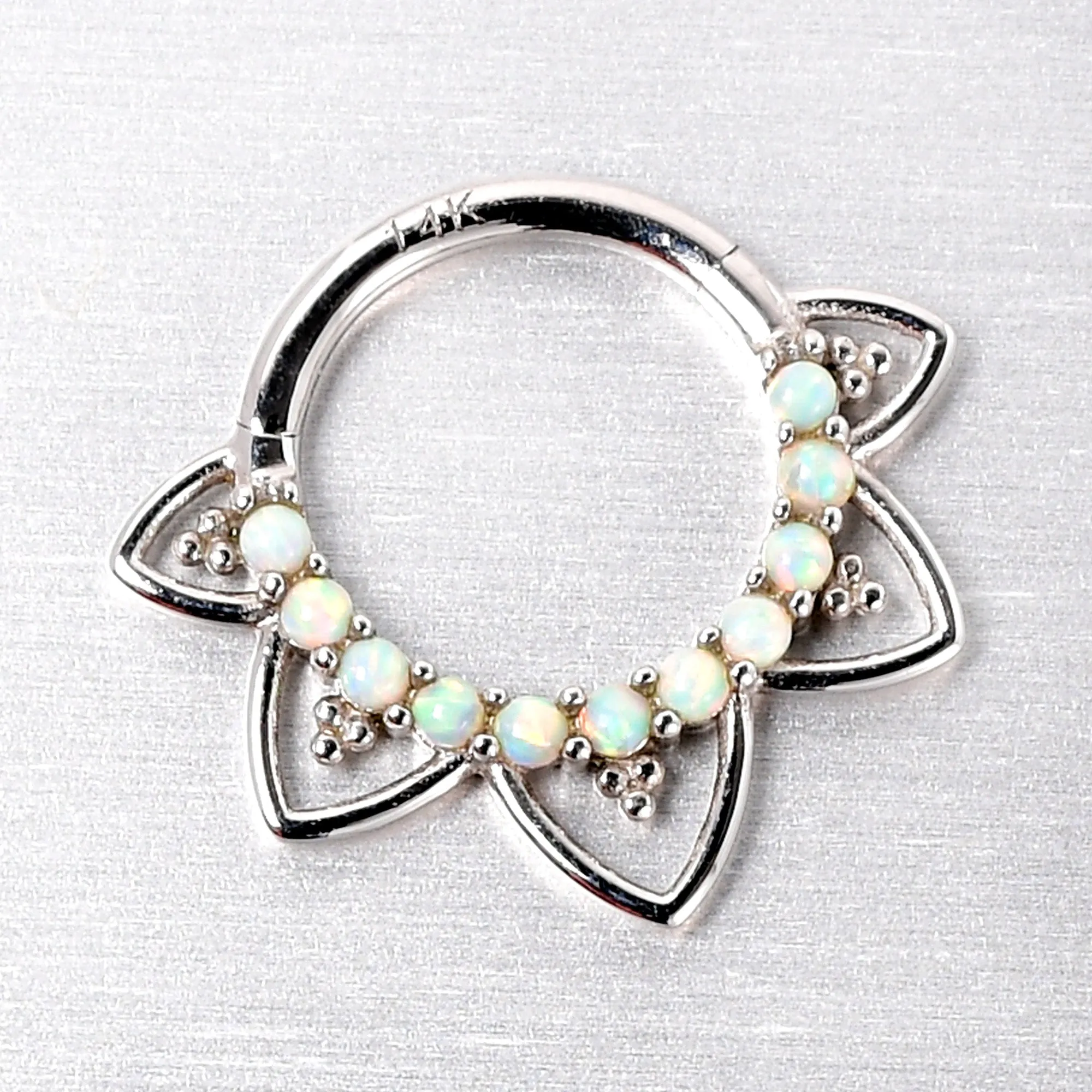 16 Gauge 5/16 White Synthetic Opal 14kt White Gold Filigree Hinged Segment Ring