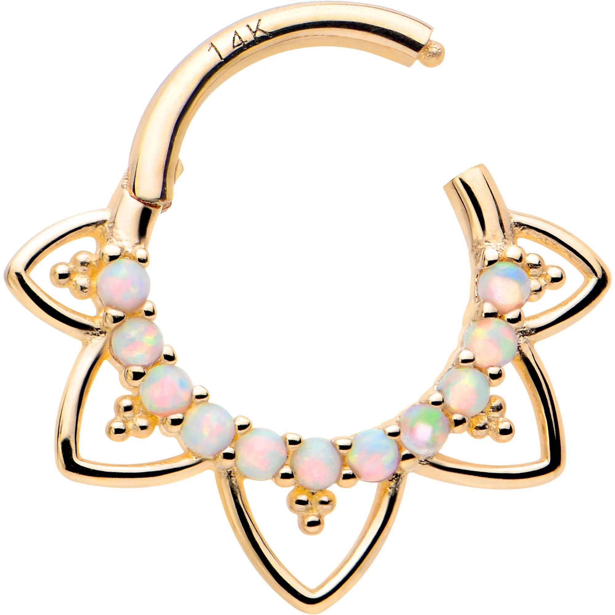 16 Gauge 5/16 White Synthetic Opal 14kt Yellow Gold Filigree Hinged Segment Ring