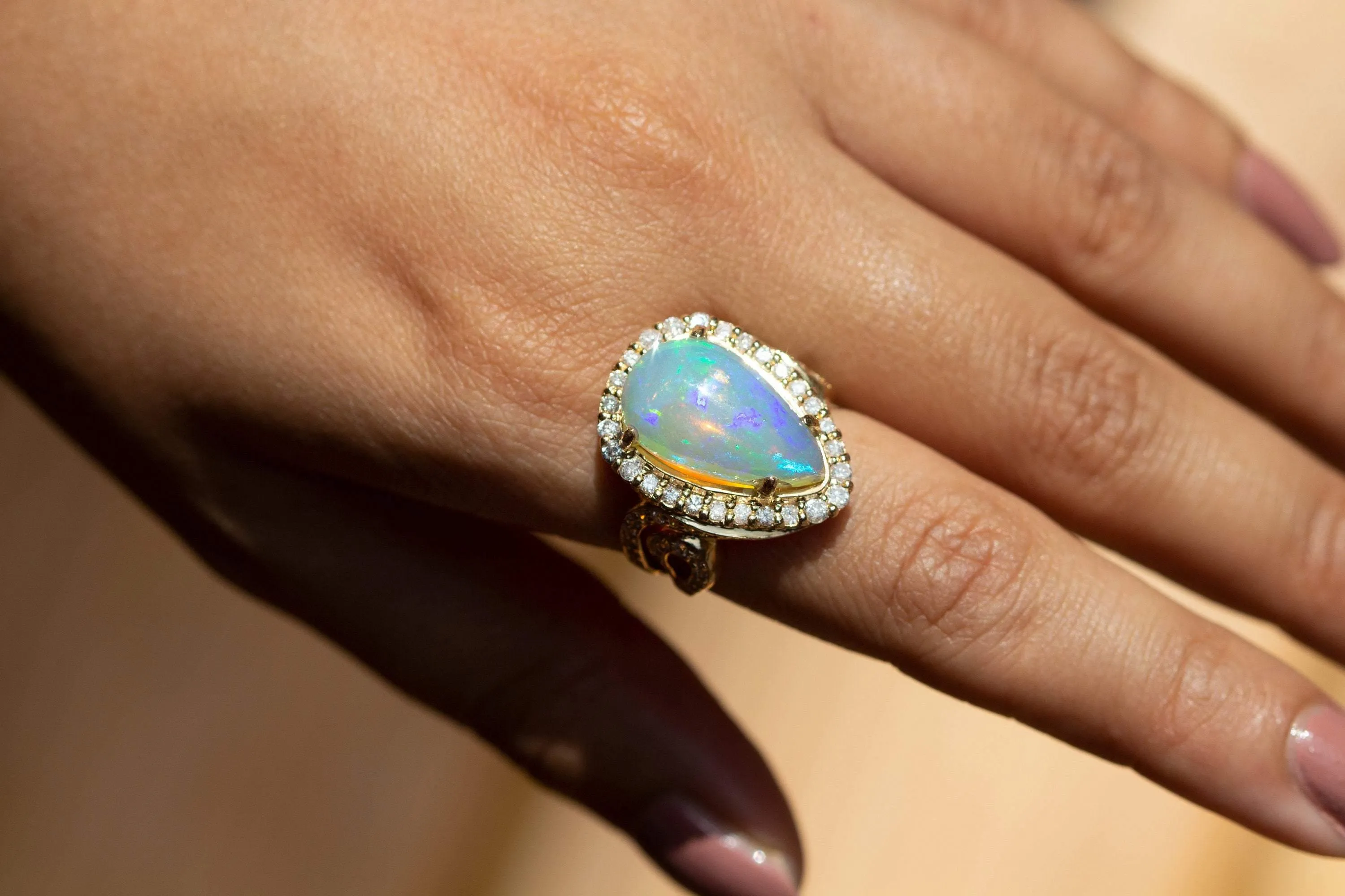 17mm Ethiopian Opal Cocktail Ring / Diamond Studded 14k Ring / Opal Diamond Luxury Ring / 14k Gold Handmade Pave Ring / TAKING BEST OFFER