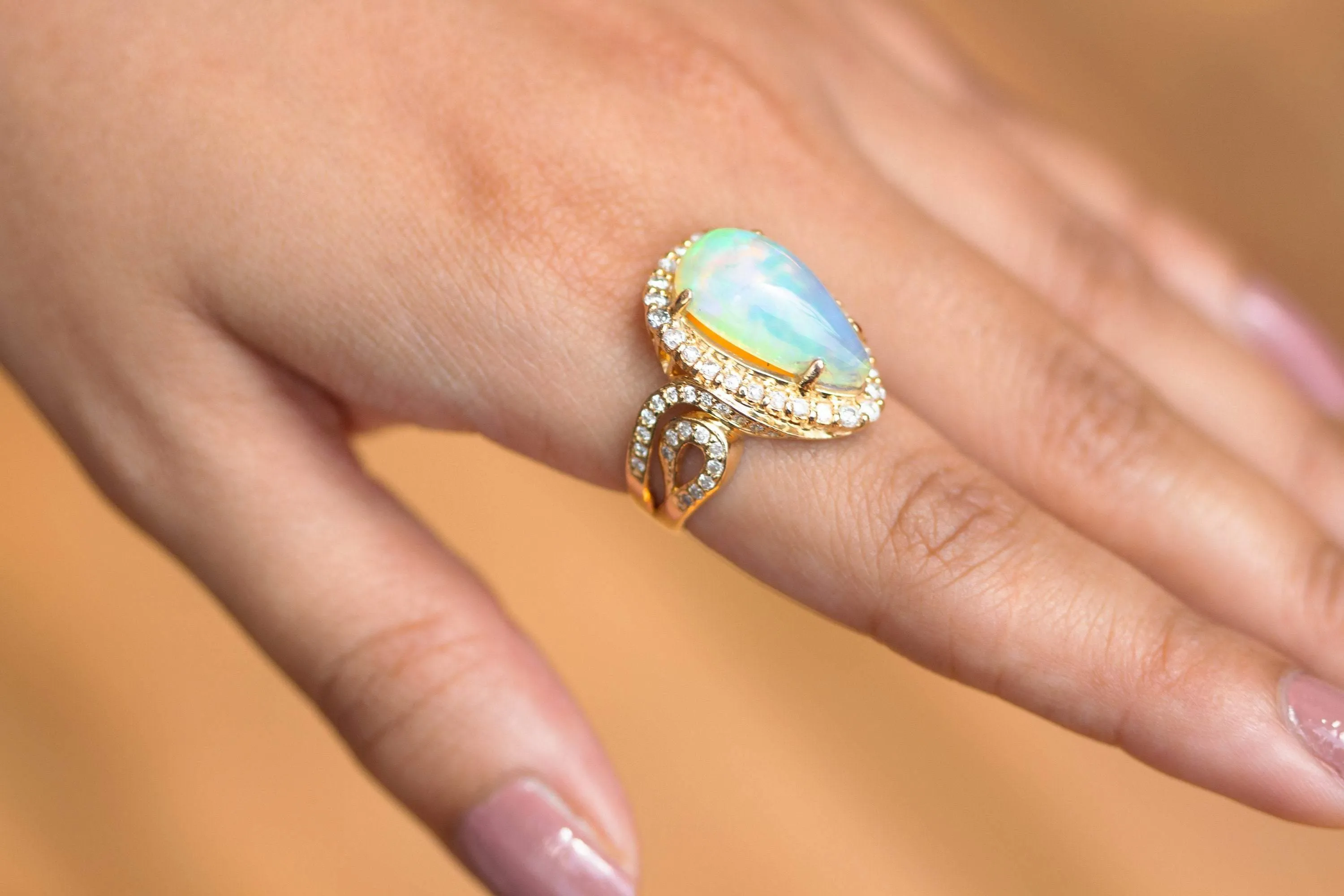 17mm Ethiopian Opal Cocktail Ring / Diamond Studded 14k Ring / Opal Diamond Luxury Ring / 14k Gold Handmade Pave Ring / TAKING BEST OFFER