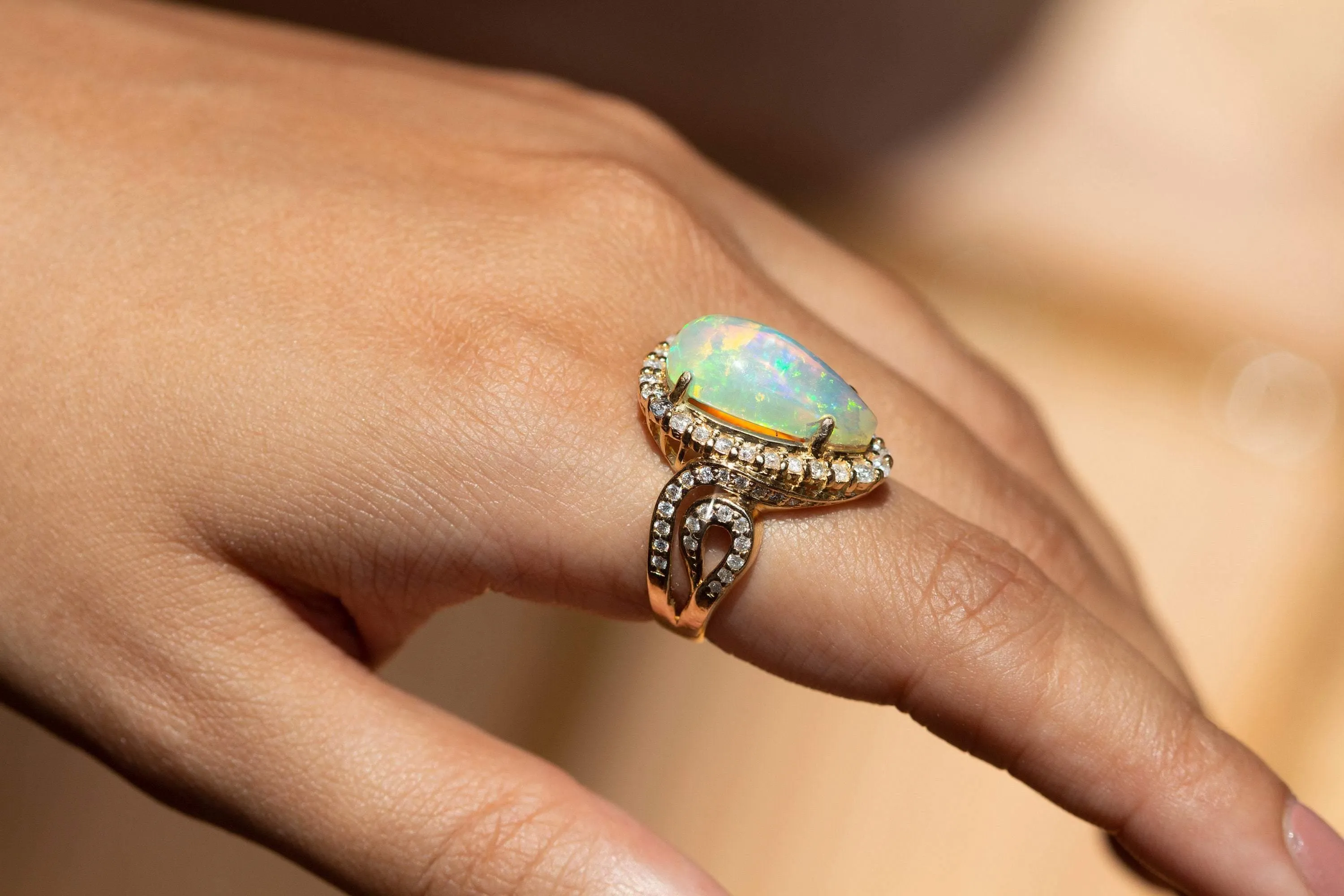 17mm Ethiopian Opal Cocktail Ring / Diamond Studded 14k Ring / Opal Diamond Luxury Ring / 14k Gold Handmade Pave Ring / TAKING BEST OFFER