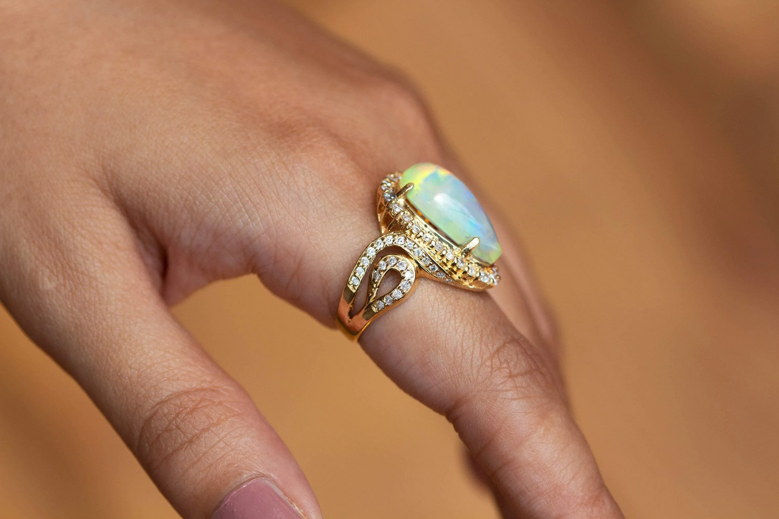 17mm Ethiopian Opal Cocktail Ring / Diamond Studded 14k Ring / Opal Diamond Luxury Ring / 14k Gold Handmade Pave Ring / TAKING BEST OFFER