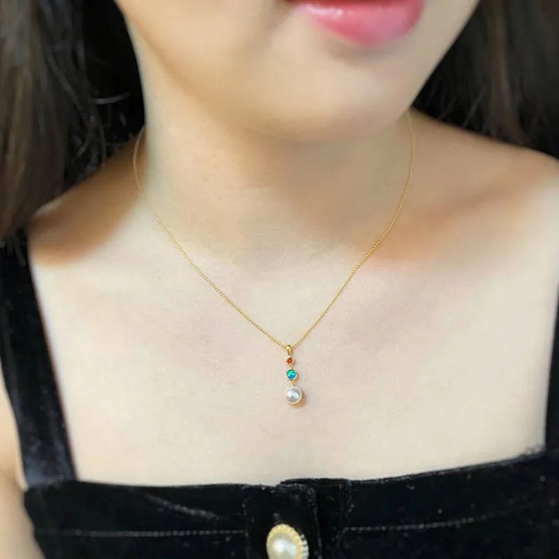 18K Gold 0.06ct Natural Opal 8mm Akoya Pearl Pendant Necklace 18"