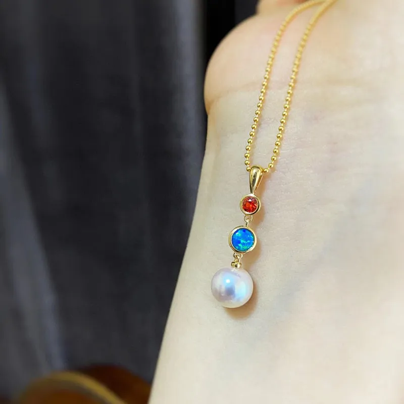 18K Gold 0.06ct Natural Opal 8mm Akoya Pearl Pendant Necklace 18"
