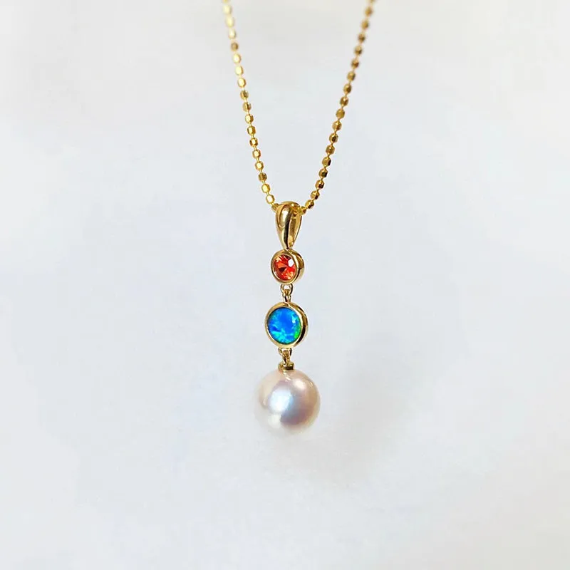 18K Gold 0.06ct Natural Opal 8mm Akoya Pearl Pendant Necklace 18"