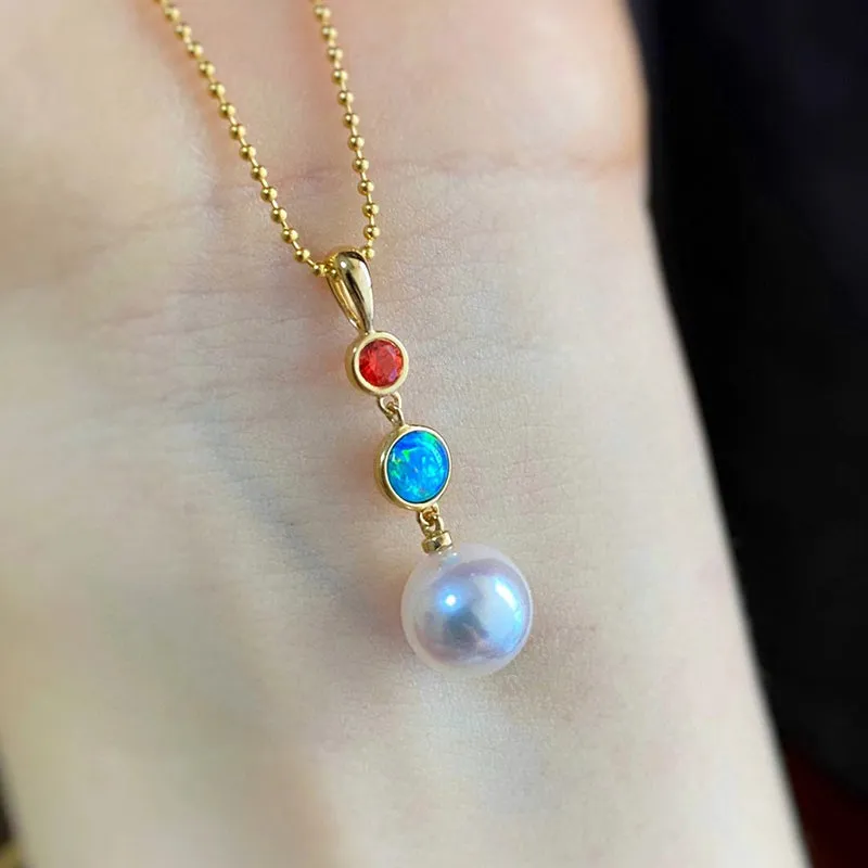 18K Gold 0.06ct Natural Opal 8mm Akoya Pearl Pendant Necklace 18"