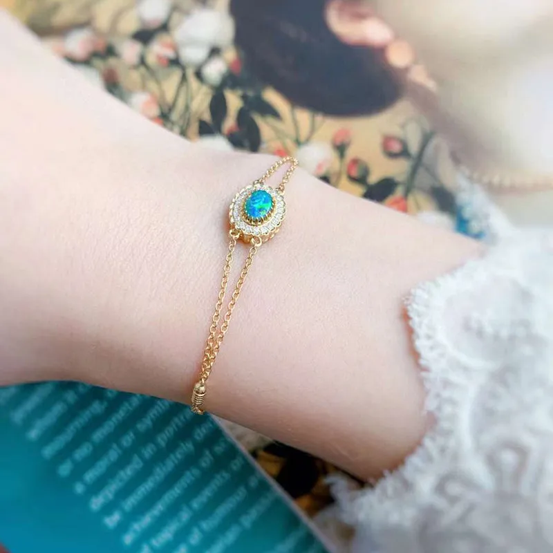 18K Gold 0.07ct Natural Opal Real 0.08ct Diamond Akoya Pearl Bracelet