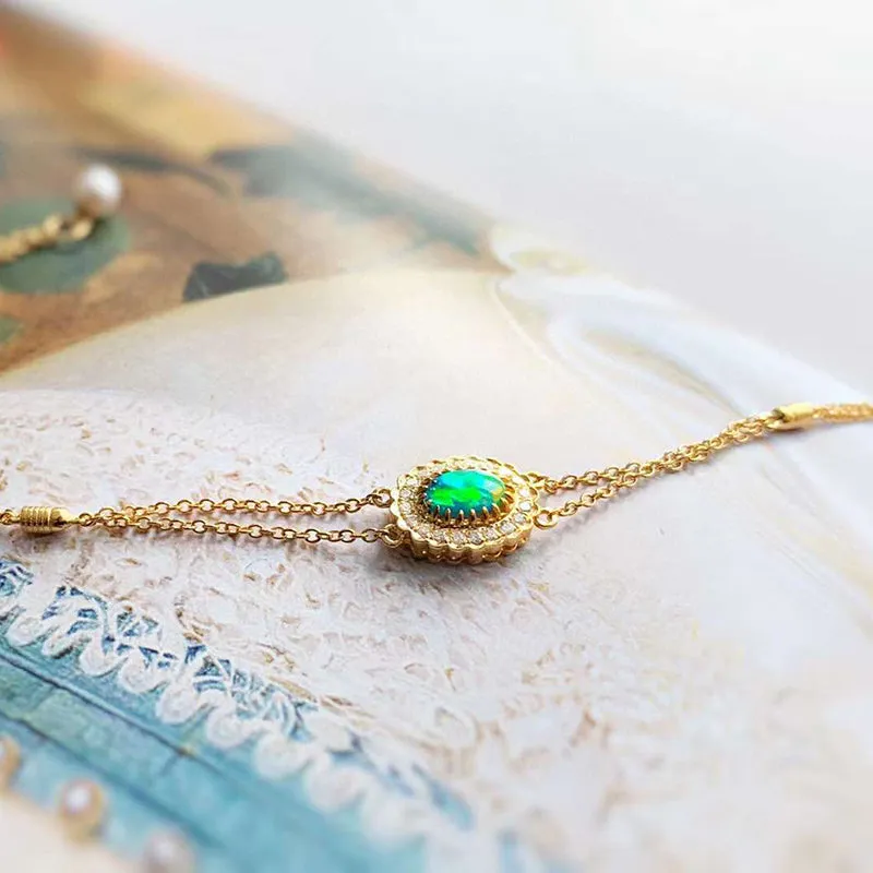 18K Gold 0.07ct Natural Opal Real 0.08ct Diamond Akoya Pearl Bracelet