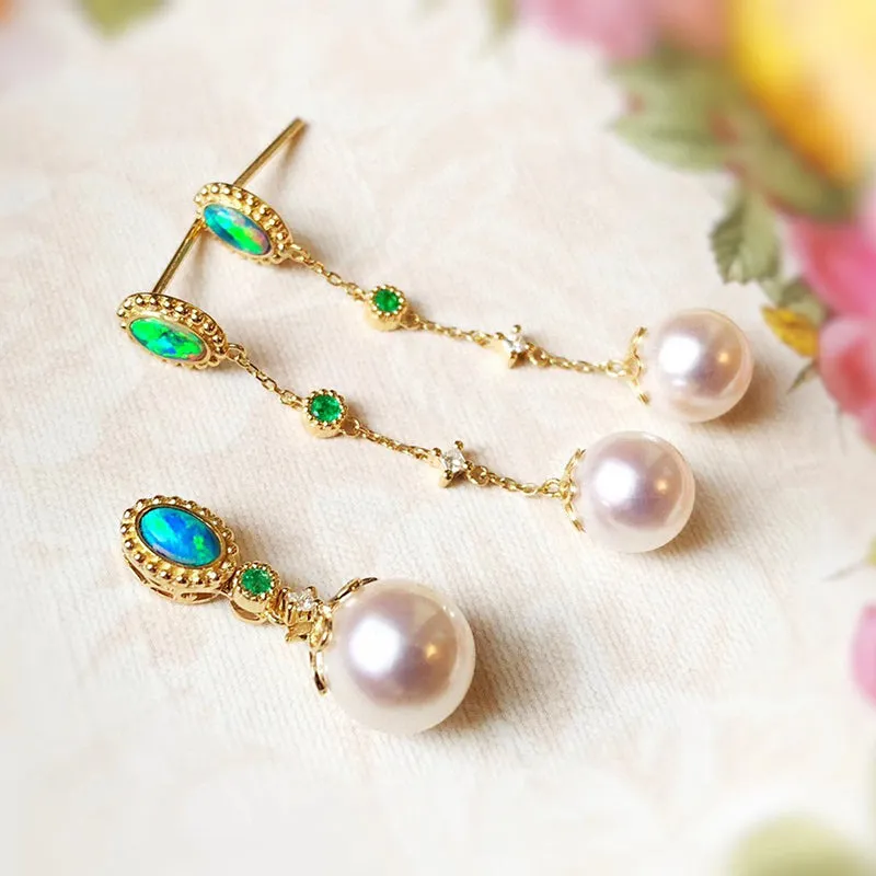 18K Gold 0.08ct Natural Opal Akoya Pearl Gemstone Pendant Necklace 18"
