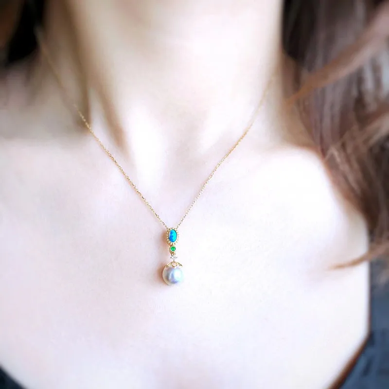 18K Gold 0.08ct Natural Opal Akoya Pearl Gemstone Pendant Necklace 18"