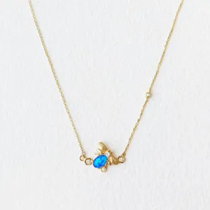 18K Gold 0.08ct Natural Opal Diamond Bee Shape Necklace 18"