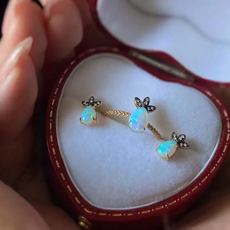 18K Gold 0.11ct Natural Opal Real Diamond Drop Earrings