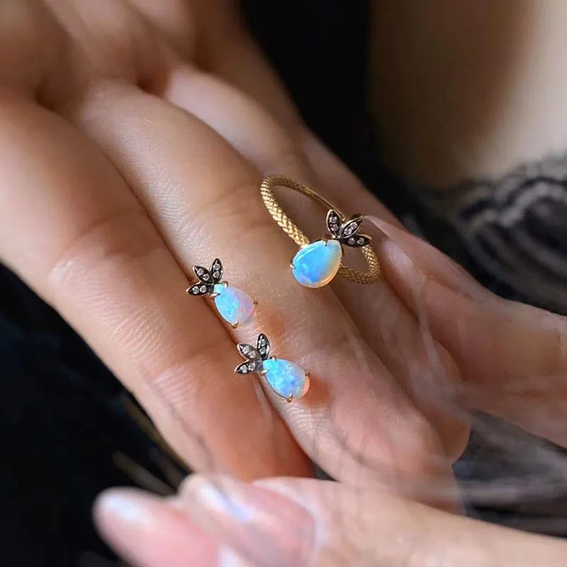 18K Gold 0.11ct Natural Opal Real Diamond Drop Earrings