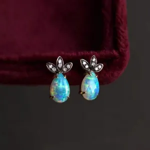 18K Gold 0.11ct Natural Opal Real Diamond Drop Earrings