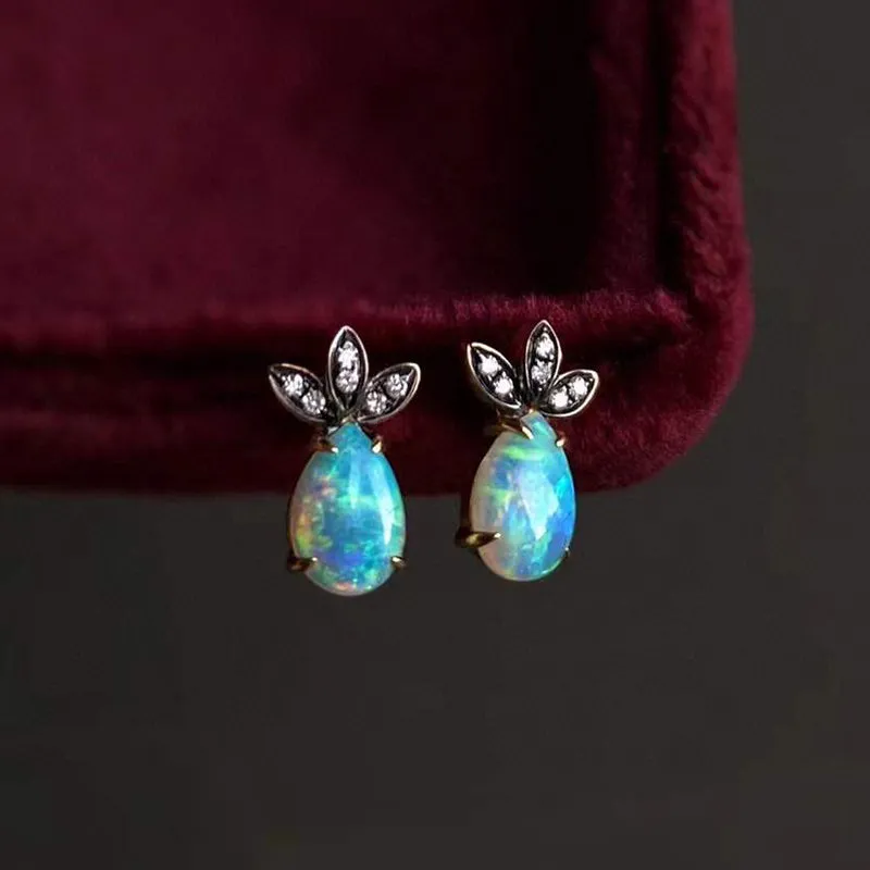 18K Gold 0.11ct Natural Opal Real Diamond Drop Earrings