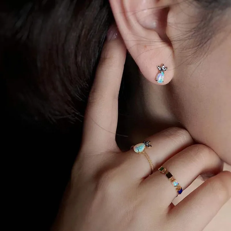 18K Gold 0.11ct Natural Opal Real Diamond Drop Earrings